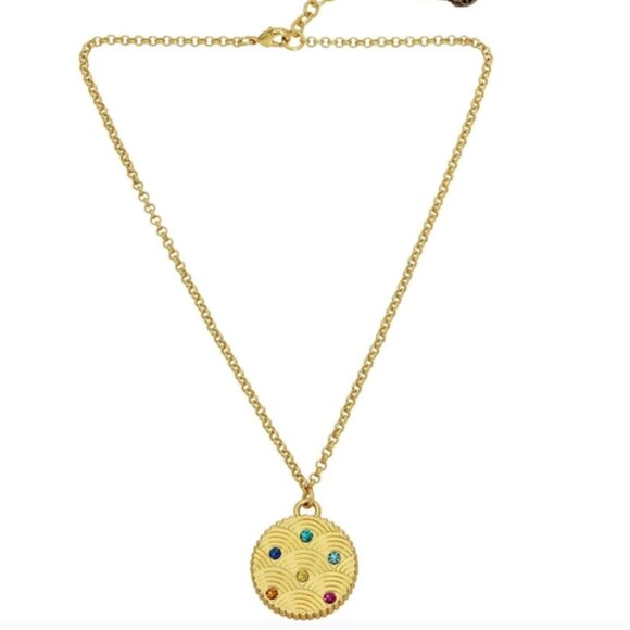 NWT KURT GEIGER PENDANT NECKLACE GOLD TONE W MULTICOLOR STONE W BAG - Picture 2 of 3